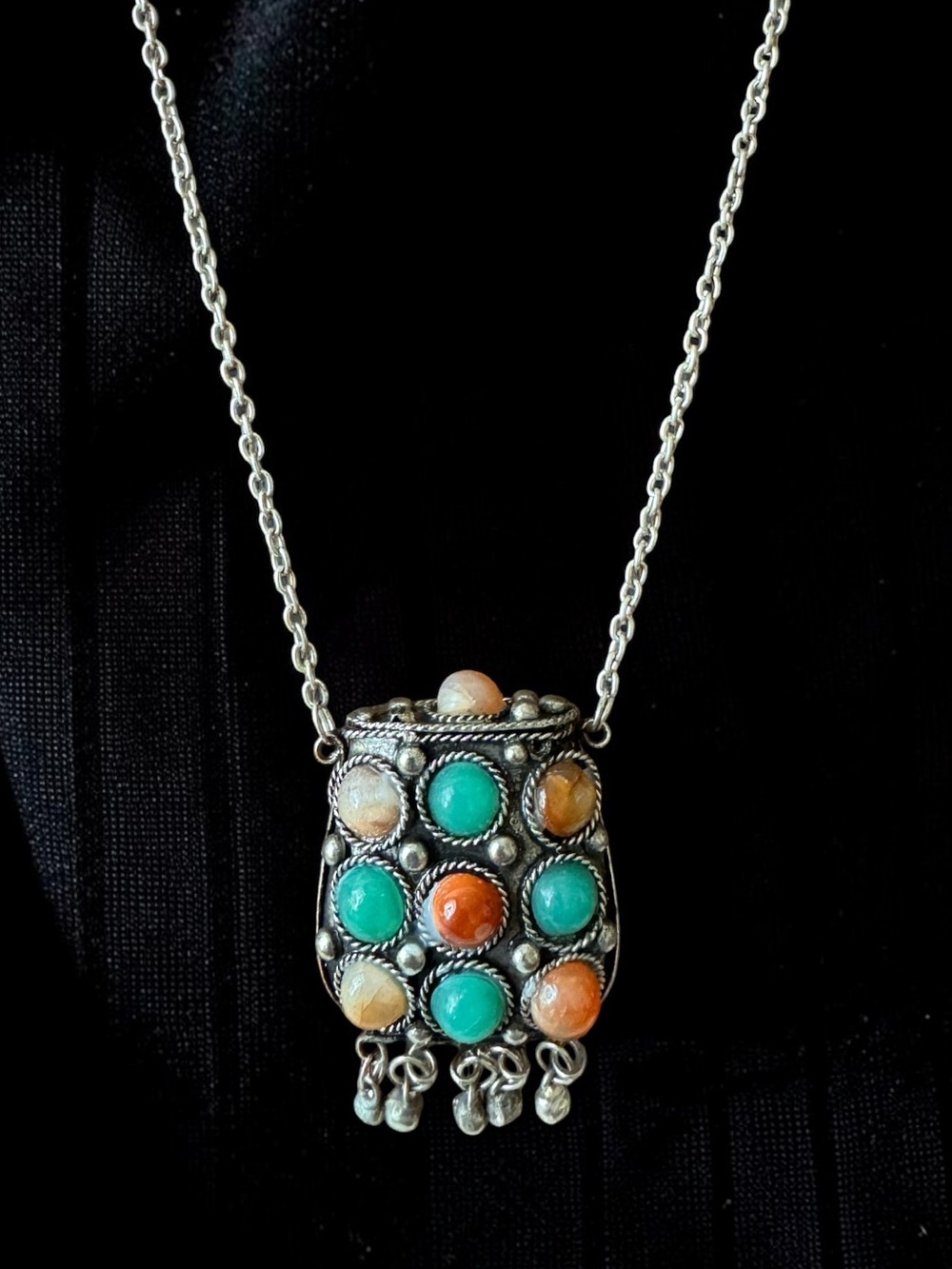 Vintage Tibetan Style Prayer Box Pendant Necklace with Genuine Stone